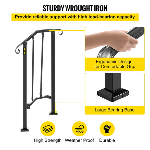 VEVOR Handrail for Staircase Metal Handrail Picket Outdoor Step 1 Fits 1 or 2 Steps Rail Height adjustable Wrought Iron Handrail, Matte Black