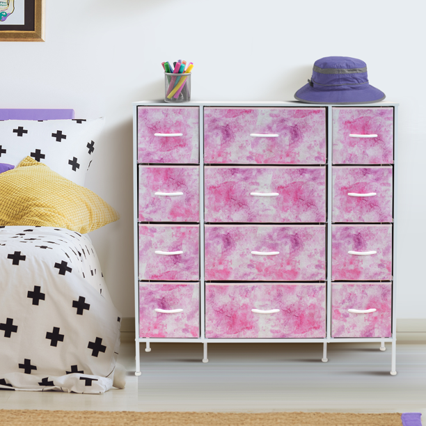 Sorbus 11.75 in. L x 46.5 in. W x 48.7 in. H 12-Drawer Tie Dye Pink Dresser Steel Frame Wood Top Easy Pull Fabric Bins *PICKUP ONLY*