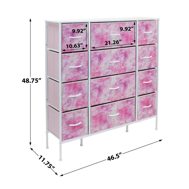 Sorbus 11.75 in. L x 46.5 in. W x 48.7 in. H 12-Drawer Tie Dye Pink Dresser Steel Frame Wood Top Easy Pull Fabric Bins *PICKUP ONLY*