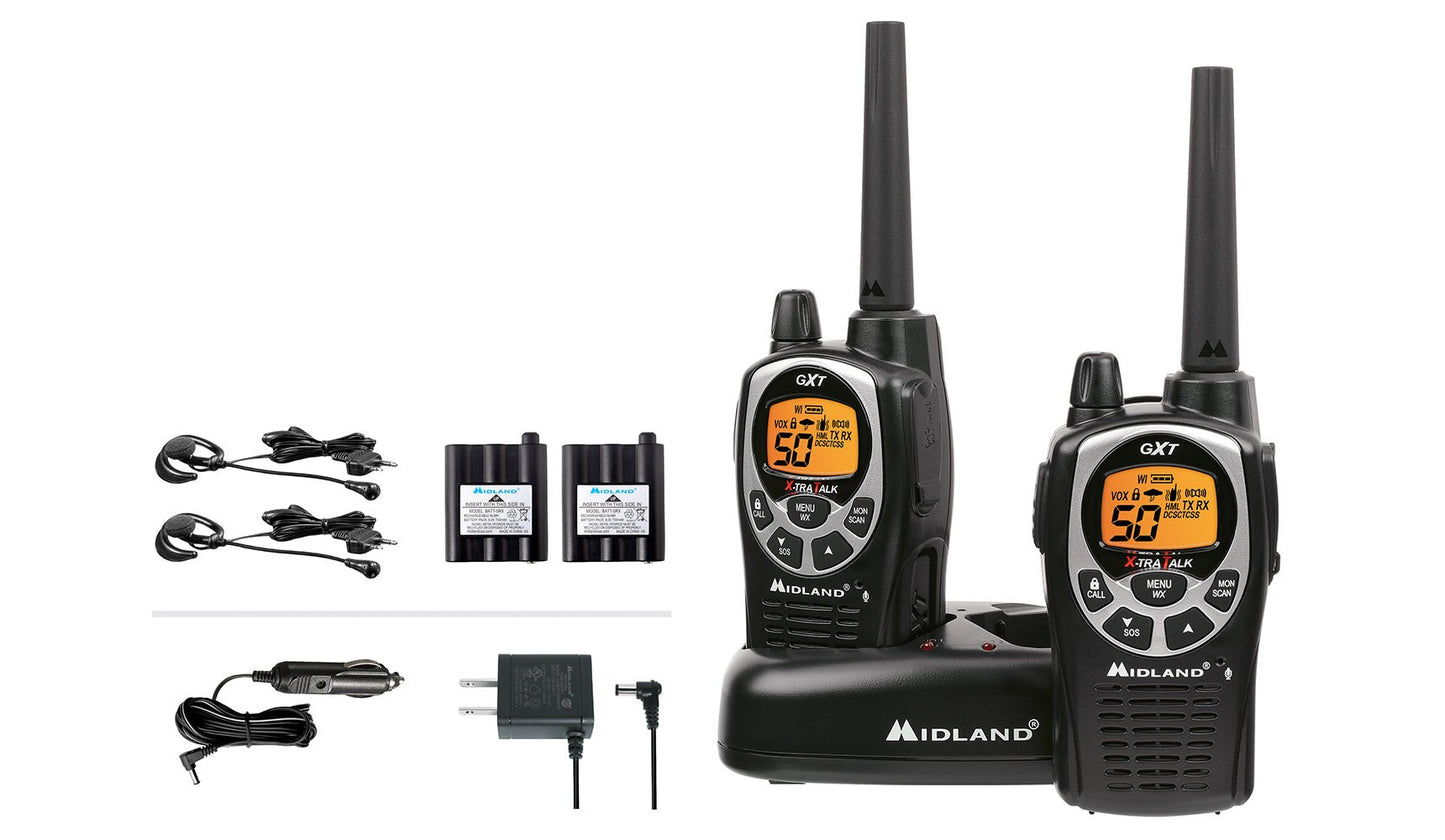 Midland GXT1000VP4 Ear -Mic/Charger/2 Radios, 5W, 36 MI, FRS/GMRS 50 CH