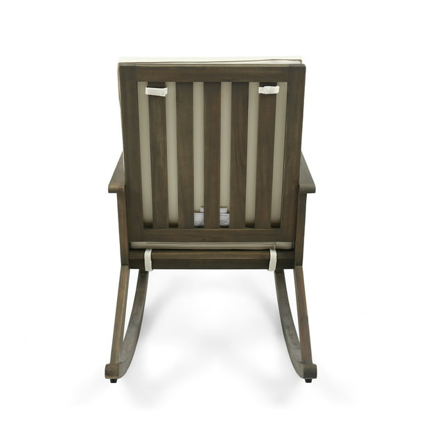 Gregory Outdoor Acacia Wood Rocking Chair with Cushion, Grey Finish, Cream Cushion