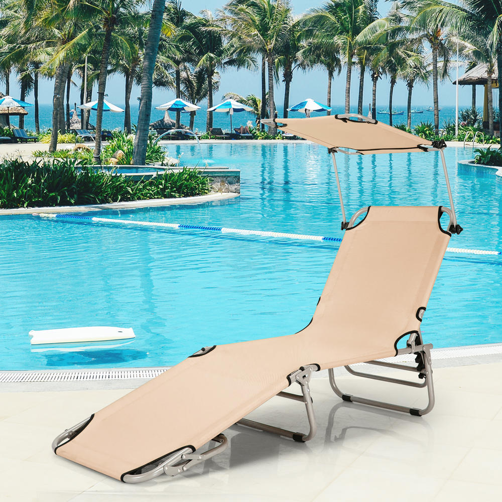 Costway Foldable Lounge Chair Adjustable Outdoor Beach Patio Pool Recliner W/Sun Shade Beige
