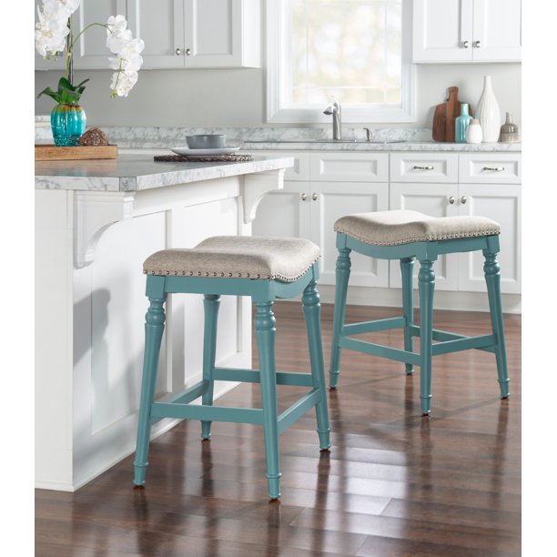 Powell Hayes 27" Backless Saddle Counter Stool, Teal Blue and Greige