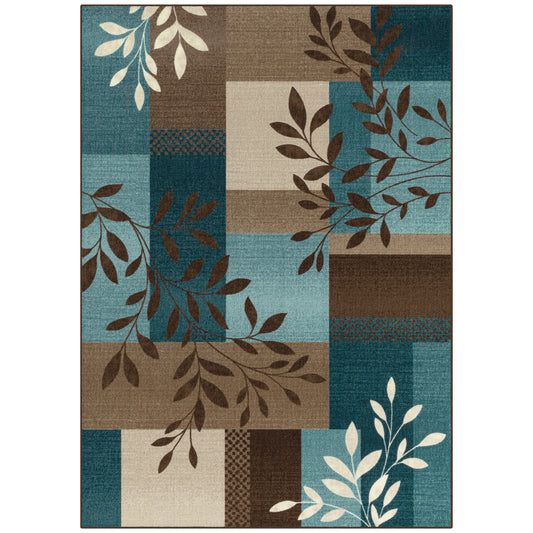 Mainstays Traditional Leaf Block Blue Brown Print Area Rug, 4'x5'4" *PICKUP ONLY*