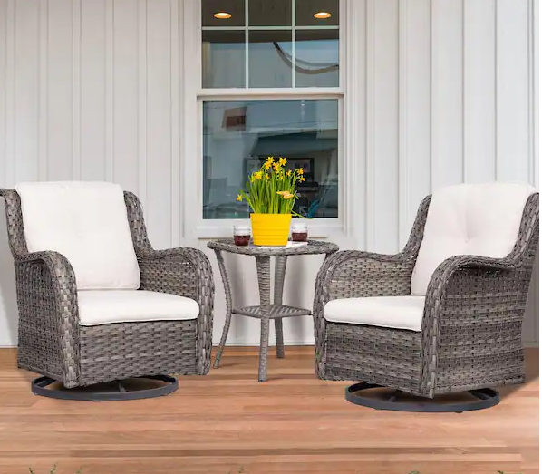 Classic Series 3-Piece Wicker Patio Conversation Set with Beige Cushions and Cover All-Weather Swivel Patio Chairs *PICKUP ONLY*