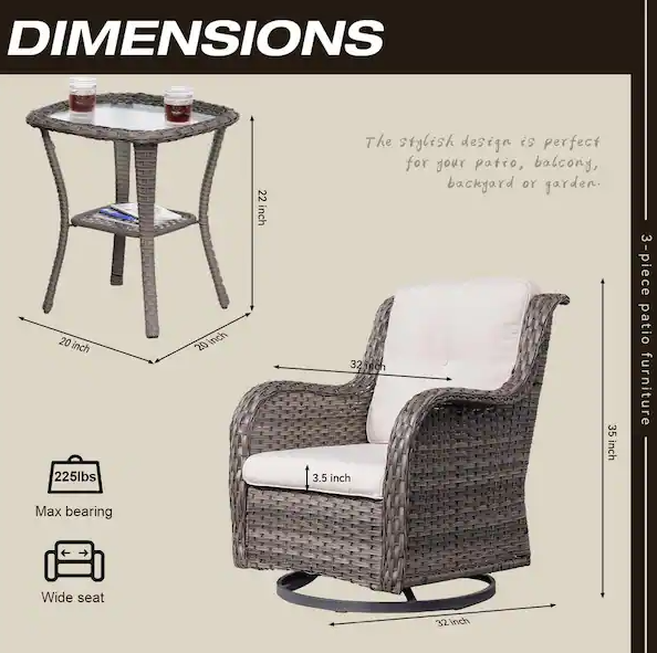 Classic Series 3-Piece Wicker Patio Conversation Set with Beige Cushions and Cover All-Weather Swivel Patio Chairs *PICKUP ONLY*