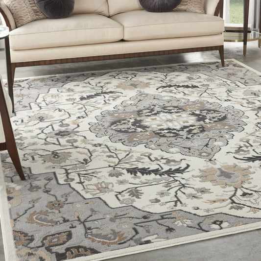 Nourison Elation Persian Floral Ivory Grey 7'10" x 9'10" Area Rug, (8' x 10') *PICKUP ONLY*