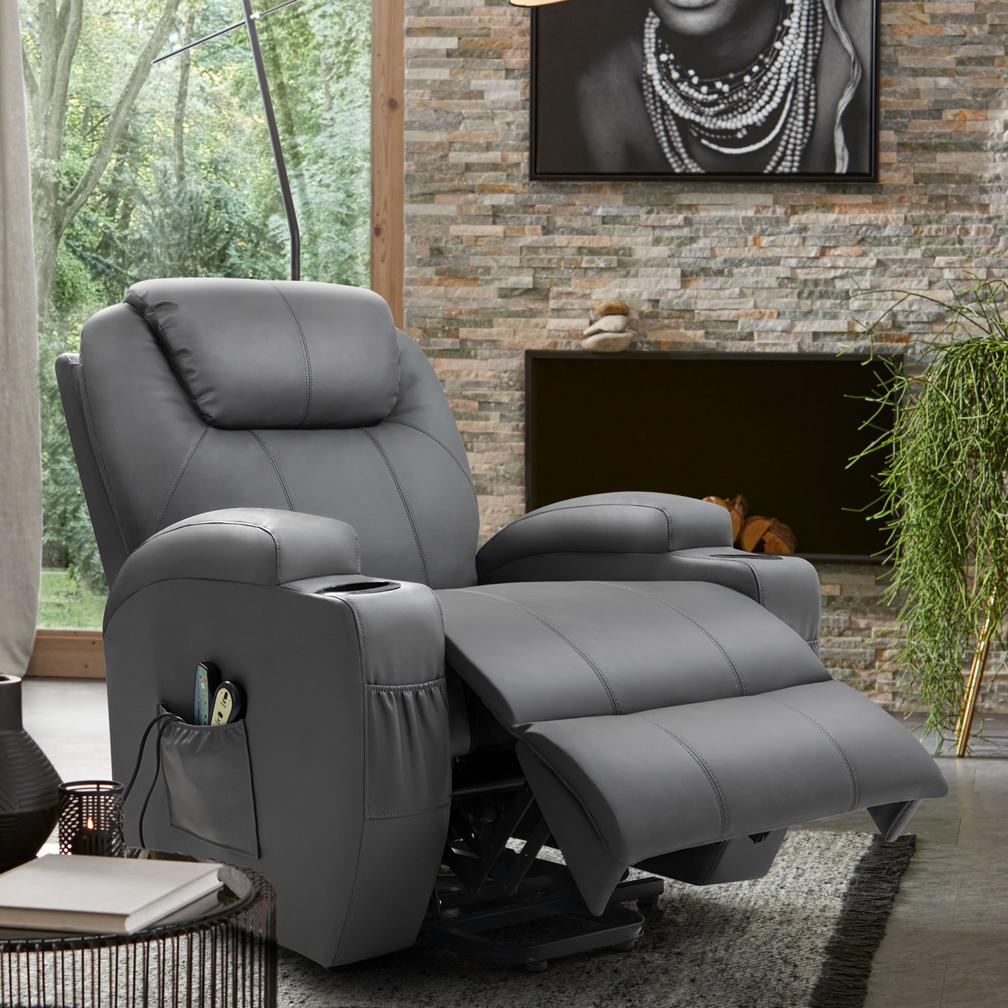 LACOO Big and Tall Gray Brown Power Lift Recliner Chair for Elderly with Massage and Heat, Side Pockets and Cup Holders *PICKUP ONLY*