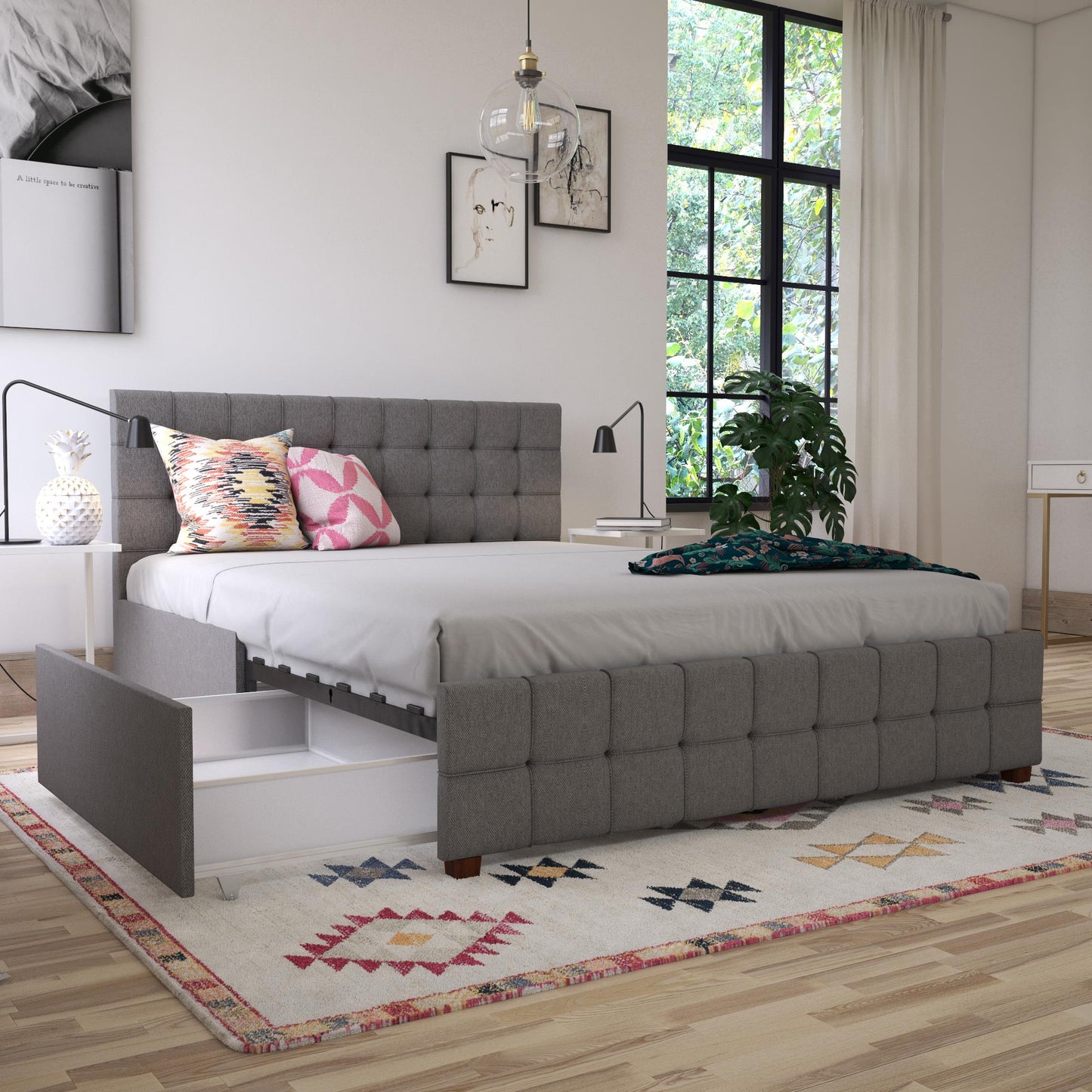 CosmoLiving by Cosmopolitan Elizabeth Upholstered Bed with Storage, Queen, Light Grey *PICKUP ONLY* Linen