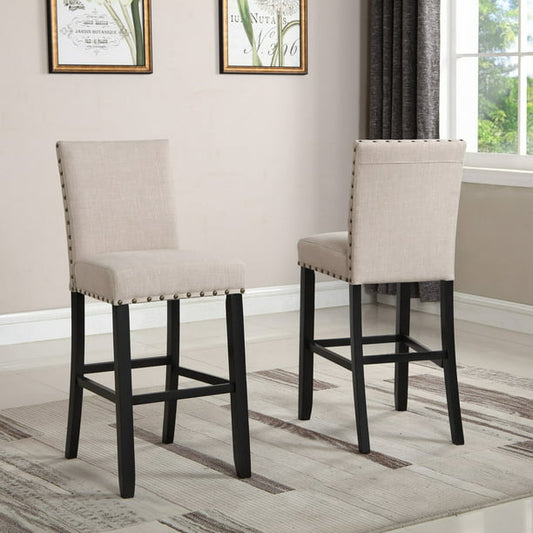 Round Hill Furniture Biony Fabric and Wood Bar Stool, Tan, Upholstered Back, Set of 2, 29"