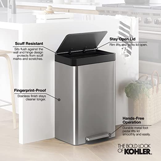 KOHLER 13 Gal. Stainless Steel White and Stainless Step-On Trash Can *PICKUP ONLY*
