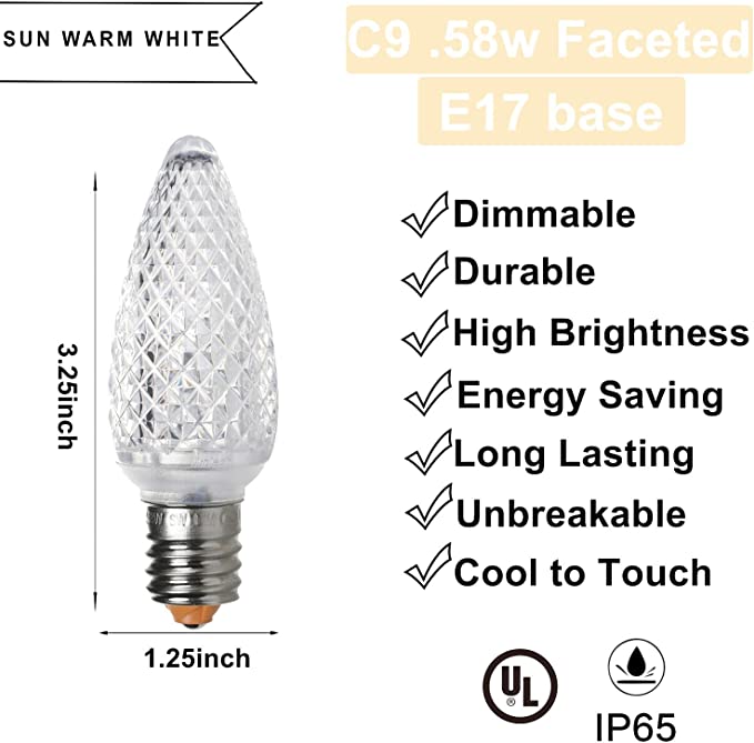 UL IP65 Set of 25 C9 Warm White E17 Led Christmas Lights Replacement Bulbs, Waterproof Dimmable C9 Colored Bulbs, Commercial Grade c9 Bulbs Christmas Lights (Sun Warm White)