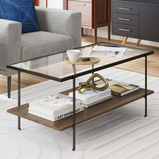 Nathan James Asher Mid-Century Rectangle Coffee Table with Glass Top and Walnut Floating Shelf Black *PICKUP ONLY*