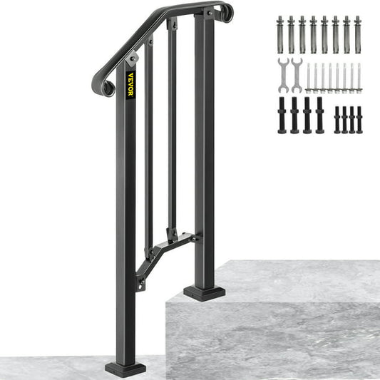 VEVOR Handrail for Staircase Metal Handrail Picket Outdoor Step 1 Fits 1 or 2 Steps Rail Height adjustable Wrought Iron Handrail, Matte Black