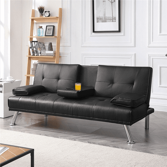 Yaheetech Modern Faux Leather Futon Sofa Bed with Armrest, Black *PICKUP ONLY*