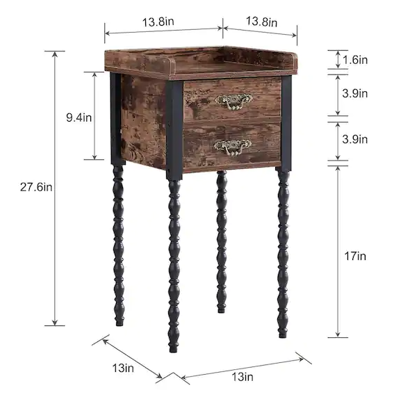 VECELO Tall Nightstand, End Table with 2 drawers, Bedside Table, Industrial End Telephone Table, Brown，27.6"H x 13.8"W x 13.8"W *PICKUP ONLY*