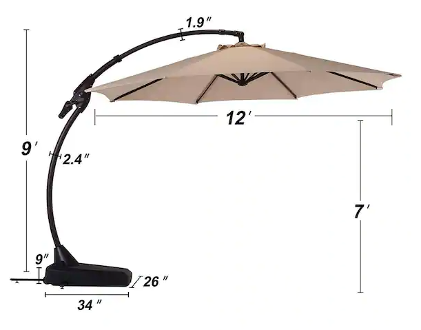 CASAINC 12 ft. Cantilever Umbrella Large Outdoor Heavy-Duty Offset Hanging Patio Umbrella with Base in Beige *PICKUP ONLY*