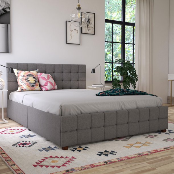 CosmoLiving by Cosmopolitan Elizabeth Upholstered Bed with Storage, Queen, Light Grey *PICKUP ONLY* Linen