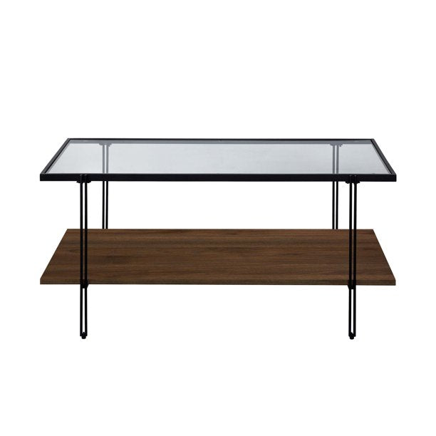 Nathan James Asher Mid-Century Rectangle Coffee Table with Glass Top and Walnut Floating Shelf Black *PICKUP ONLY*