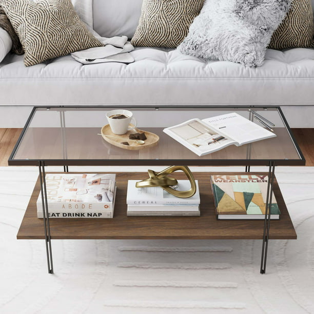 Nathan James Asher Mid-Century Rectangle Coffee Table with Glass Top and Walnut Floating Shelf Black *PICKUP ONLY*