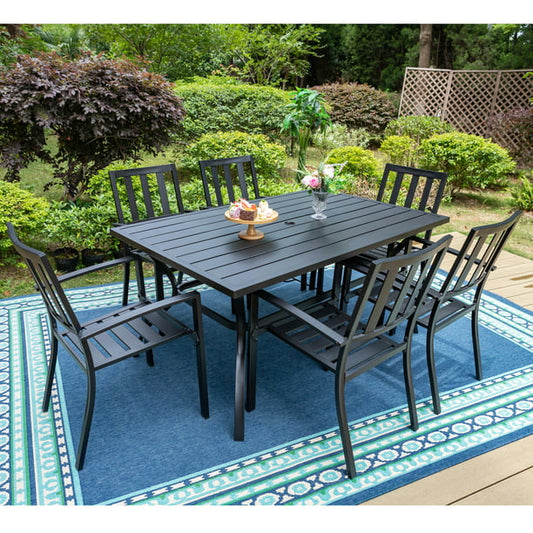 MF Studio 7-Piece Outdoor Patio Dining Set Modern Steel Furniture with 6 Slatted Armchairs and 1 Rectangular Table, Black *PICKUP ONLY*