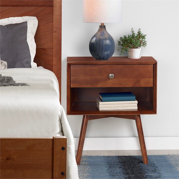 Mid-Century 1 Drawer Solid Wood Nightstand - Walnut