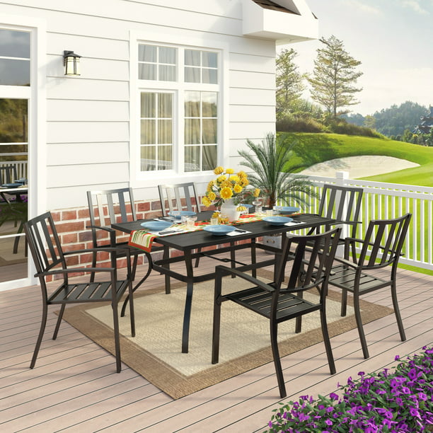 MF Studio 7-Piece Outdoor Patio Dining Set Modern Steel Furniture with 6 Slatted Armchairs and 1 Rectangular Table, Black *PICKUP ONLY*