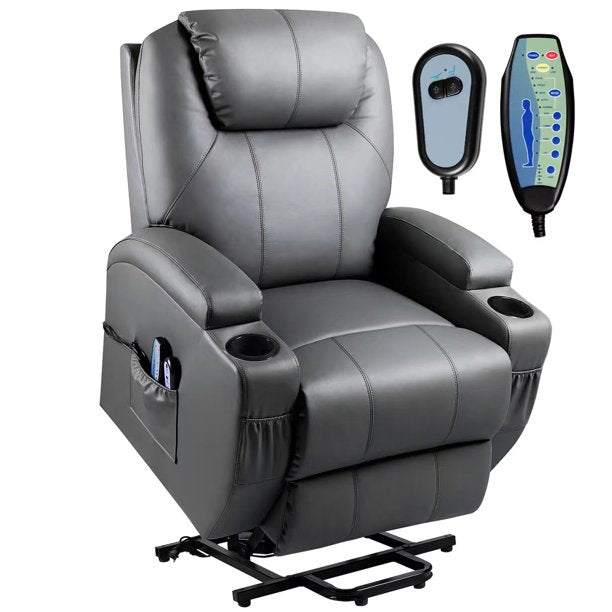 LACOO Big and Tall Gray Brown Power Lift Recliner Chair for Elderly with Massage and Heat, Side Pockets and Cup Holders *PICKUP ONLY*