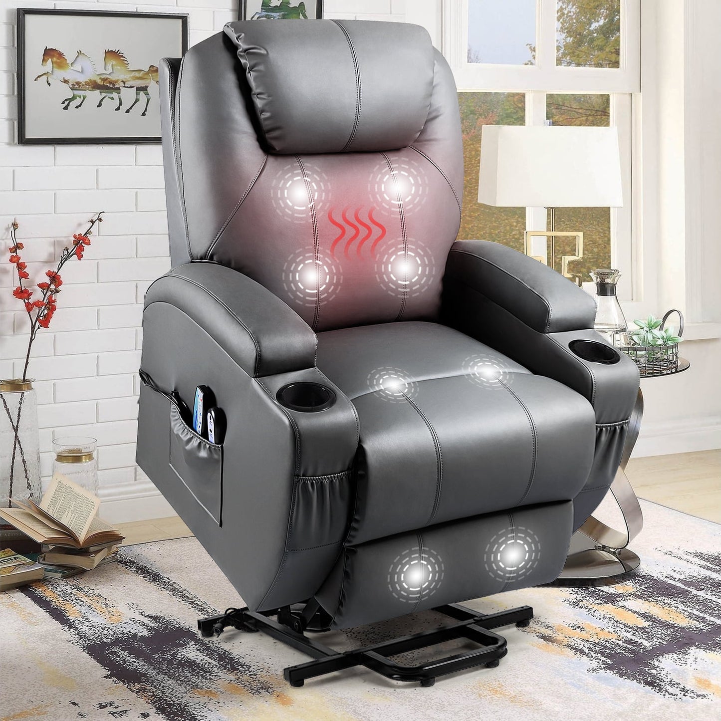 LACOO Big and Tall Gray Brown Power Lift Recliner Chair for Elderly with Massage and Heat, Side Pockets and Cup Holders *PICKUP ONLY*