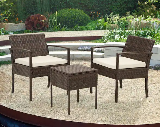 MIRAFIT 3-Piece Rattan Wicker Patio Conversation Set Outdoor Table and Chairs with White Cushions *PICKUP ONLY*