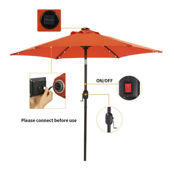 Maocao Hoom 7.5 ft. Hexagon Solar Lighted Market Patio Umbrella with Tilt and Crank in Orange